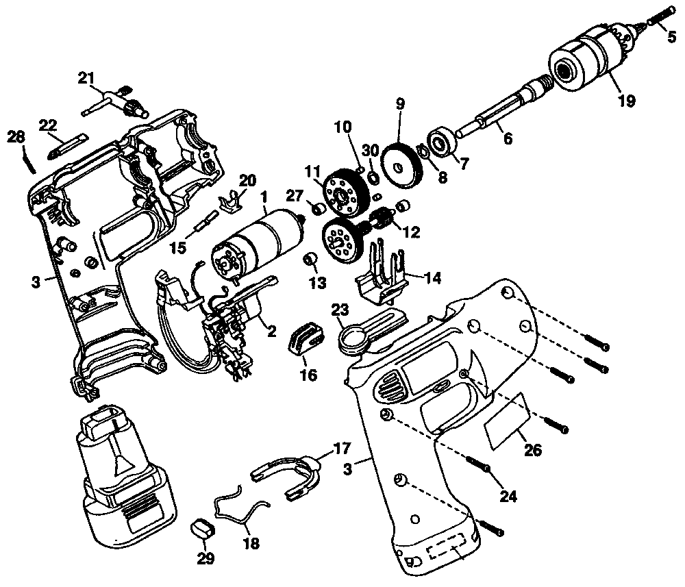 Exploded Diagram A Diagram and Parts List for 1963K-50 Type 1 Black and Decker Cordless Drill